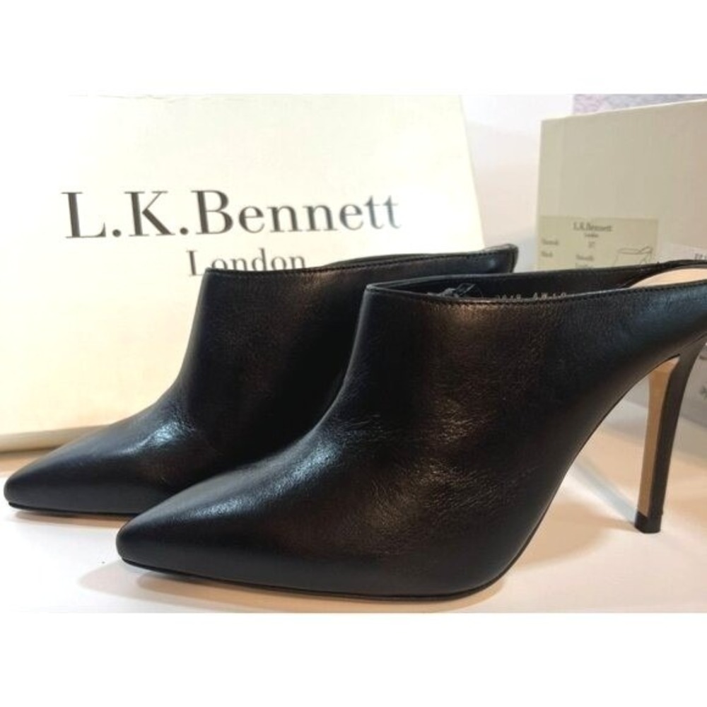 LK Bennett Spain Stilletto Shoes Black Leather Pointed Toe Mules US 6.5 7 EU 37